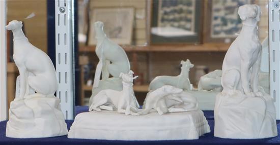 A Samuel Alcock parian group of greyhounds and two Minton parian figures of greyhounds, c.1850-70, H. 9.5cm - 18.5cm (3)
